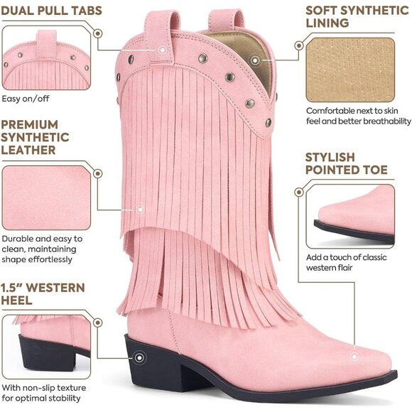 Girls Pink Cowgirl Boots Fringe Western Snip Toe Cowboy Boots for Kids Stylish - Picture 3 of 6